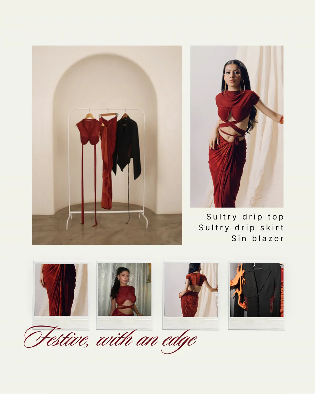 A red top, red skirt and black blazer on a rail and worn, with the words “Festive, with an edge”
