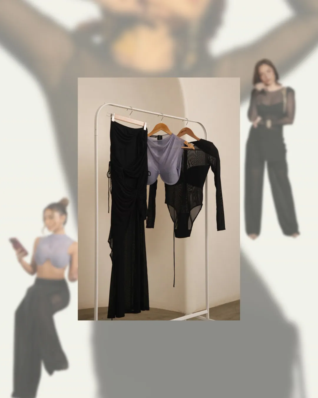 Black and lilac pieces on a rail, and two ways to wear them